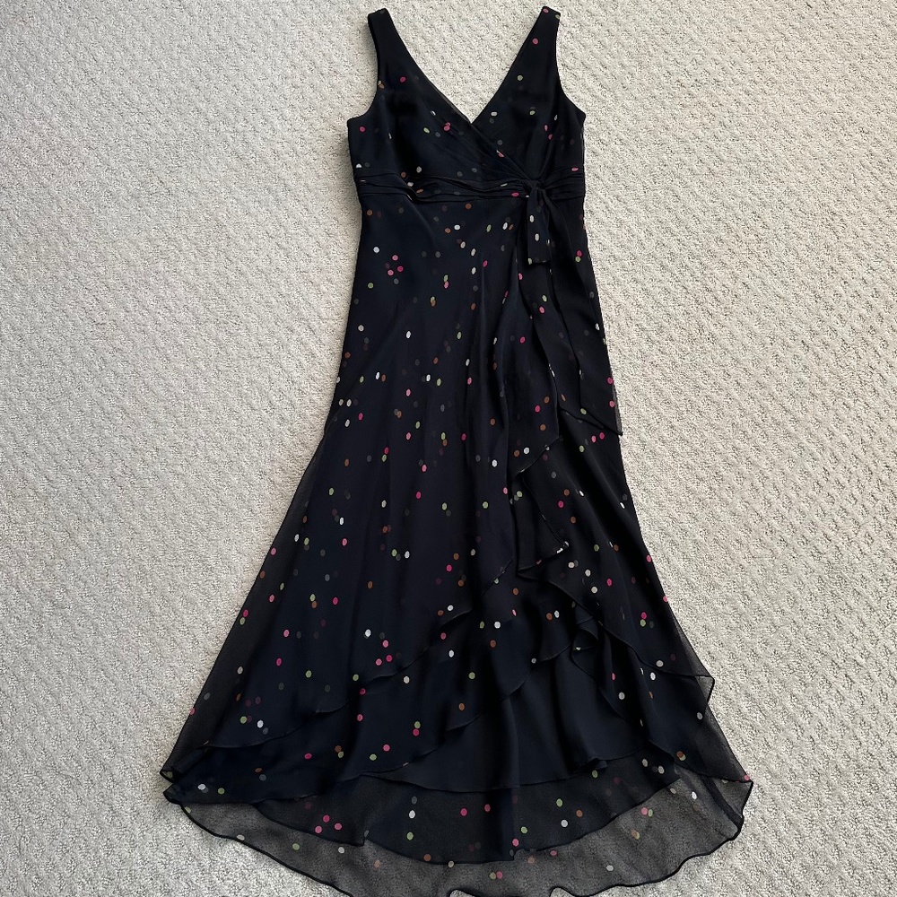 Anne Klein Enchanted Garden Black/Multi Polka Dot 100% Silk Dress Size 8…